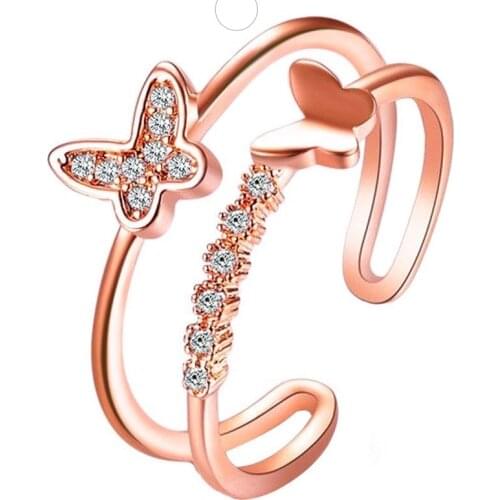 Aphseem Fashion Copper Butterfly Crystal Finger Wedding Rings for Women Open Ring Glamour Jewelry Girls Gift
