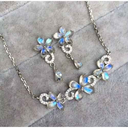 Natural blue moonstone Bracelet eardrop Natural Gemstone Jewelry Set 925 Silver Lovely Clover Sun flower Women party jewelry
