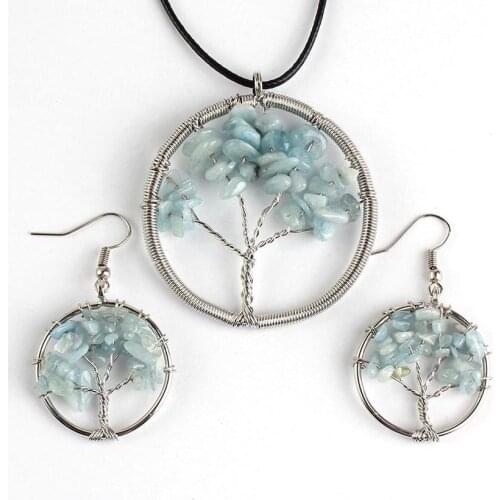 YJXP Silver Plated Handmade Wire Wrap Tree of Life Aquamarines Pendant Rope Chain Necklace Drop Earrings Charms Jewelry Sets