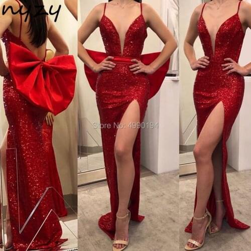 NYZY P32 Detachable Big Bow Back Sexy Red Prom Mermaid Dress 2019 High Leg Slit Sequin Gown Red Carpet Celebrity