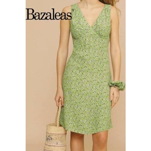 Bazaleas Elegant V Neck Women Dress Vintage Sleeveless Girl Summer Dresses Slim Green Floral Print Vestidos
