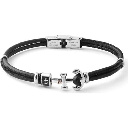 Runda Men Jewelry Leather Bracelet Bangle Fashion Stainless Steel Anchor Jewels