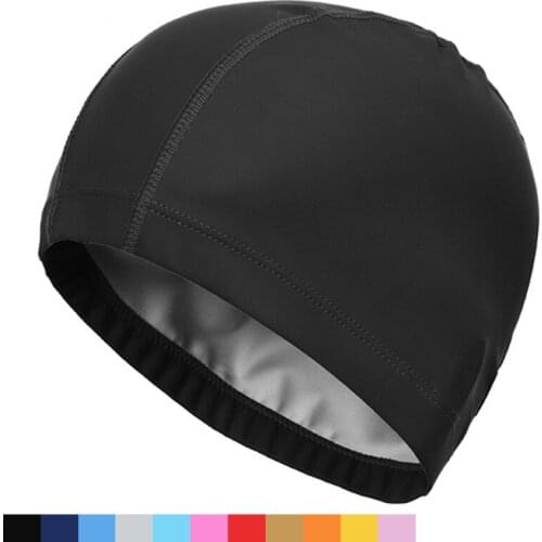 Elastic Waterproof PU Fabric Protect Ears Long Hair Sports Swim Pool Hat Swimming Cap Free size for Men & Women Solid Color