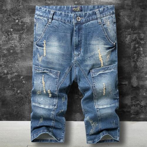 Summer Mens Ripped Retro Cargo Denim Shorts Vintage Acid Washed Faded Multi-Pockets Military Style Biker Short Jeans For Men
