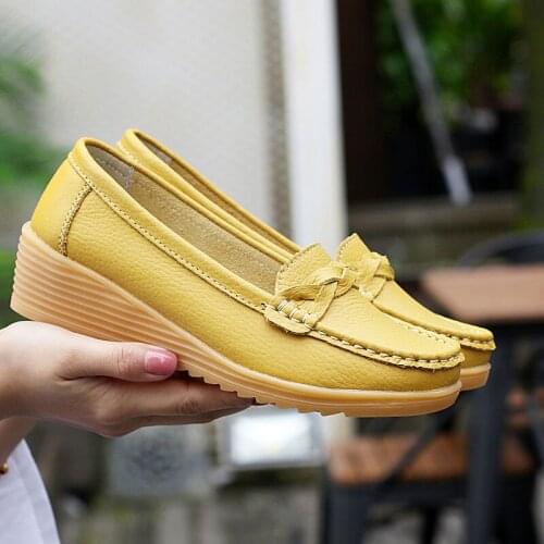LIHUAMAO Leather women wedges shoes round toe slip on ladies pumps party skid resistance comfortable work shoes