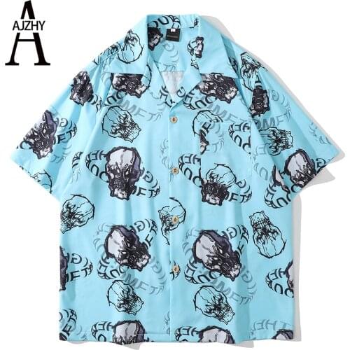 2021 Streetwear Hip Hop Shirt Short Sleeve Mens Skull Print Harajuku Shirt Oversized Summer Beach Hawaiian Shirt for Men Tops
