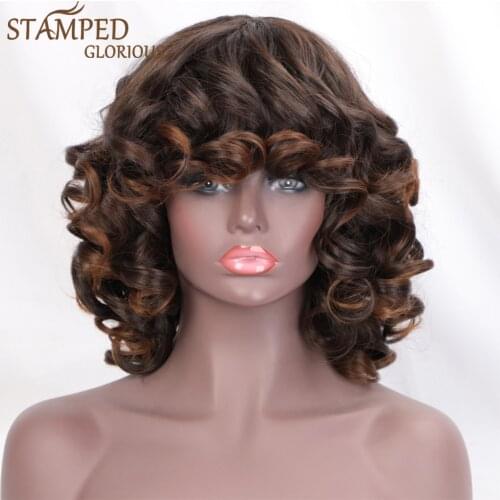 Stamped Glorious Synthetic Short Hair Afro Kinky Curly Wigs With Bangs For Black Women Synthetic Wig Heat Resistant Cosplay Wig