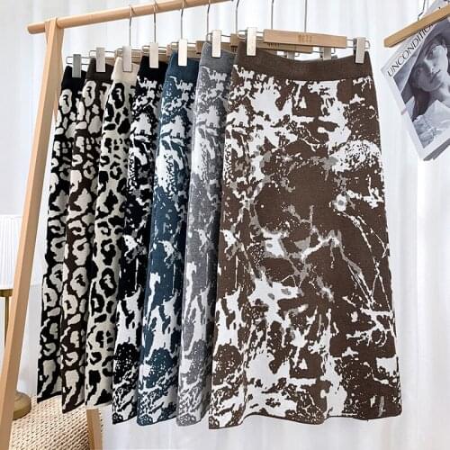 Womens High Waist Slimming Retro Leopard Print Bag Hip Knitted Skirt, Female Versatile Temperament Mid-length A-line Skirt