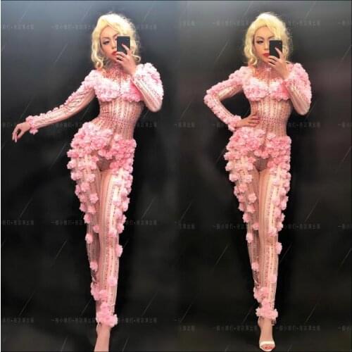 Women Jumpsuits Rompers Sexy Dj Pink Flower Bodysuit One-piece Evening Party Wear Female Singer Stage Performance Costumes
