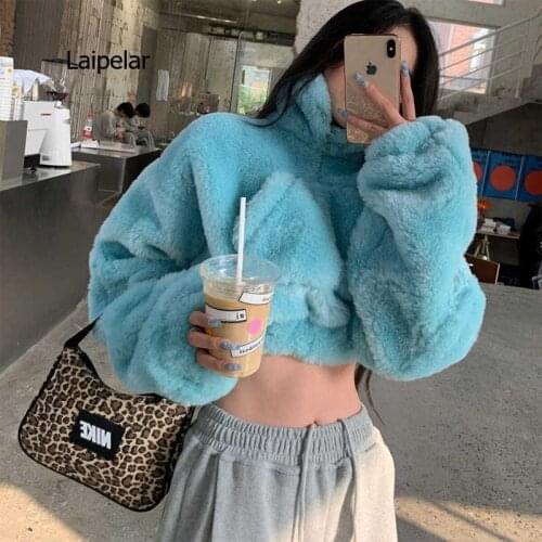 Blue Short Lamb Wool Stand Collar Fleece -Lined Thickened Midriff-Baring Sweatshirt Women 's Top Korean Fashion