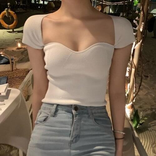 2021 Summer Women Sexy Knitting Square Collar Skinny Sweater CHIC Slim Pullover Knitwear Short sleeve Jumper Tops Black White