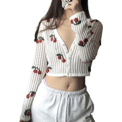 Women Autumn Cardigan, 3D Cherry Single-Breasted V-Neck Long Sleeve Knitted Hollow Out See Through Coat for Girls