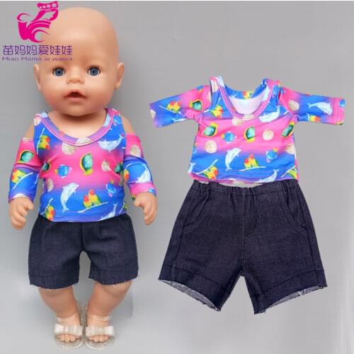 18 Inch Doll Blue Shirt Jeans Short for 43cm Reborn Baby Doll Summer Holiday Clothes