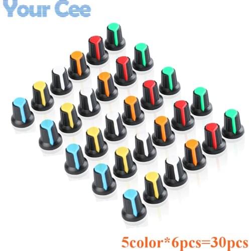 30PCS/lot WH148 Potentiometer Knob Kit Plastic Knobs Cap 6mm Shaft Hole AG2 Yellow Orange Blue White Red 5value*6PCS=30PCS
