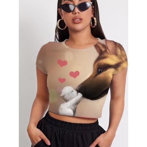 3d Tshirt Dog T-shirt Women Animal Funny T shirts Lovely T-shirts 3d Painting Navel Bare Womens Clothing Punk Rock Short