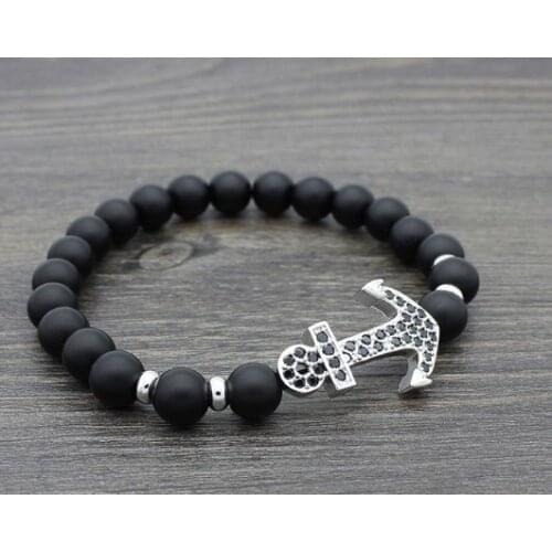 8mm buty64 nsilver gold copper Anchor micro pave cz zircon cubic zirconia Bracelet black Matte glass bead Buddha Yoga Bangles