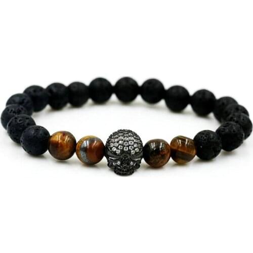 BPPCCR Matte Lava Onyx Tiger Eye Stone Strand Skull Head Bracelet Lucky Love Wish Charm Bracelets For Men Women Pulseras Lovers