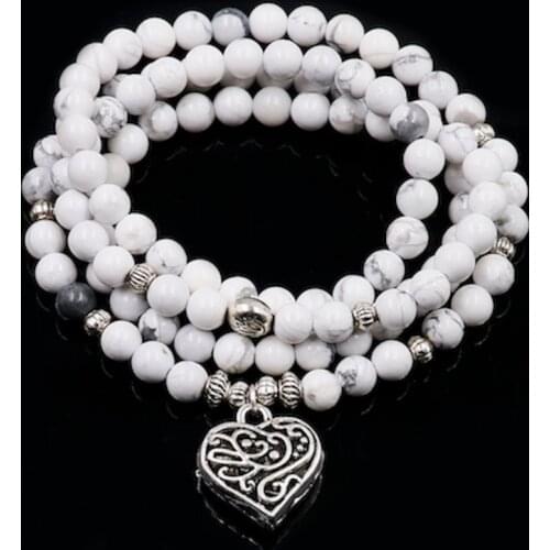 108 White Howlite Mala with Lotus Pendnent Natural Stone Beaded Bracelets for Men and Women Chakra Modern Yoga Zen Jewelry