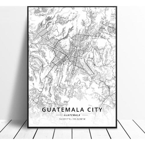 Black and White Guatemala Clty Guatemala White Latitude Longitude Canvas Art Map Poster