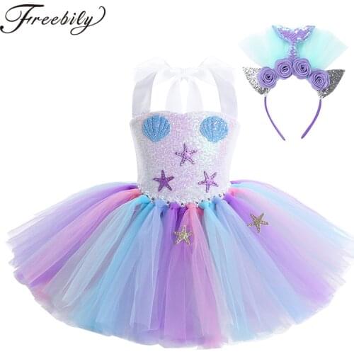 Kids Girls Princess Mermaid Costume Halter Sequin Mesh Tutu Dress with Hair Hoop Set Children Halloween Cosplay Party Dress Up