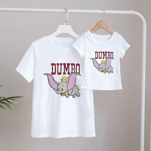 Dumbo Cartoon Print T Shirts Children Summer White O-neck Tshirt Unisex Adult Kids T-shirts Family Matching Clothes