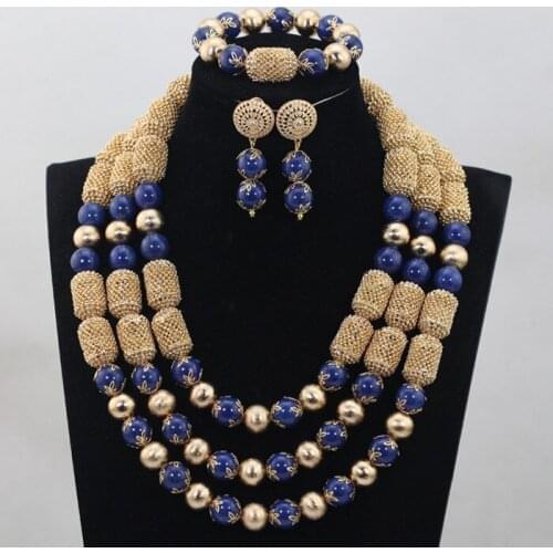 Graceful 3 Layers Real Beads African Jewelry Set Blue Bridesmaid Costume Jewelry Accessories Christmas Jewelry Set WD900