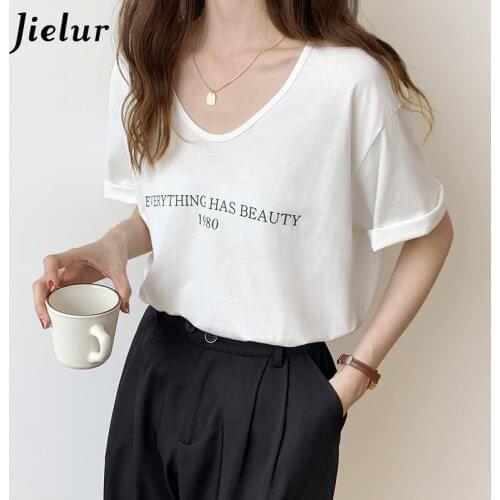 Jielur 2021 Summer Casual O-Neck Women T-shirt Letter Print Female Korean Style T-shirts Loose Comfortable Black T-Shirt S-L