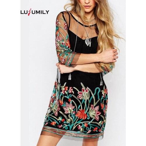 Lusumily 2020 New Mesh Dress Summe Boho Vintage Floral Embroidery Lace Mini Dresses Casual Vestidos Plus Size Sexy Party Colthin