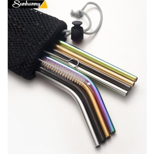 Reusable Metal Drinking Straws 304 Stainless Steel Sturdy Bent Straight Drinks Straw with Cleaning Brush Bar Party Accessory