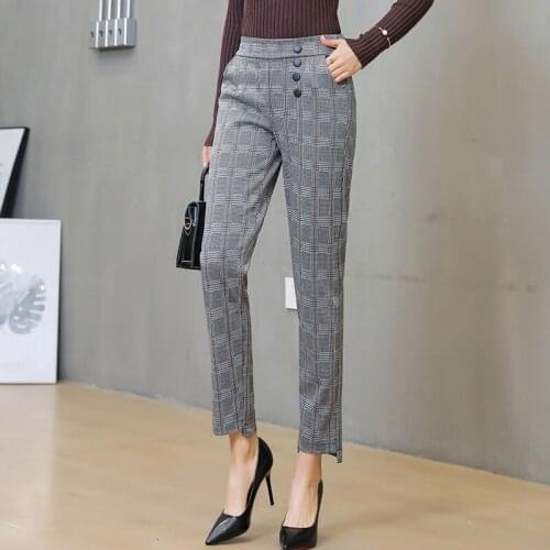 Korean Fashion Plaid High Waist Skinny Pencil Pants Trousers with Sash Pencil Pants Trousers Pencil Pants Trousers Women