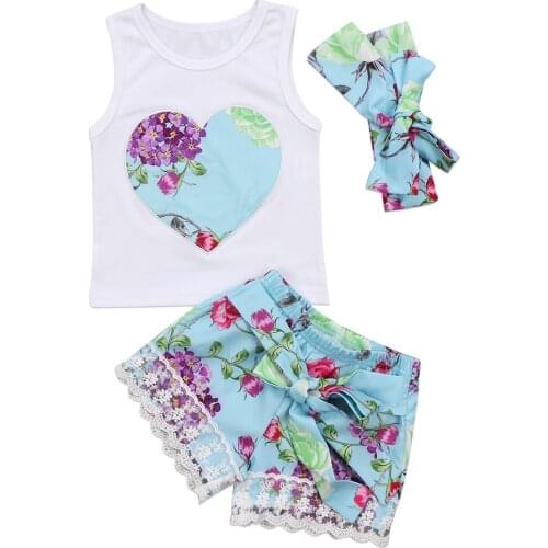 Fashion 3Pcs Toddler Baby Girl Clothes sets Floral Vest Tops +Lace Shorts Pants Headband Outfits Set