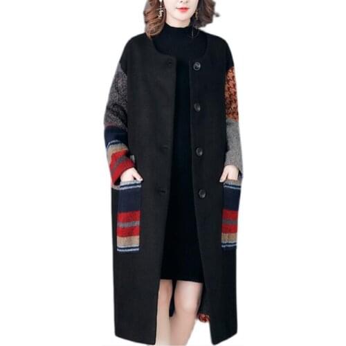 Coat Female Autumn Wool Plaid Stitching Big Size Woolen Long Loose Single-breasted Round neck Women Fashion Jacket FC667
