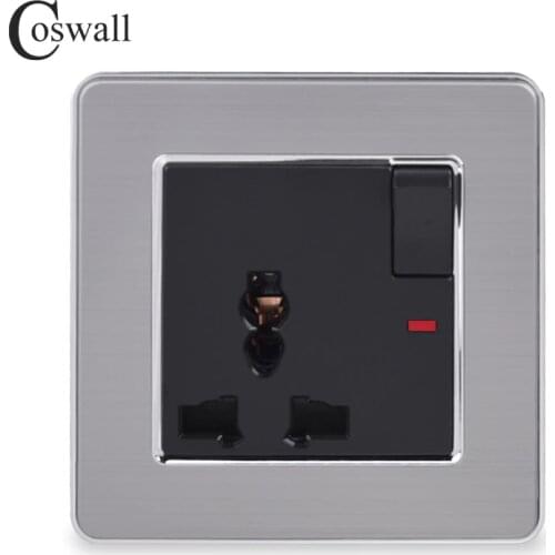 COSWALL Stainless Steel Panel 13A Universal Switched Socket with Neon Wall Outlet Grounded With Children Protective Door