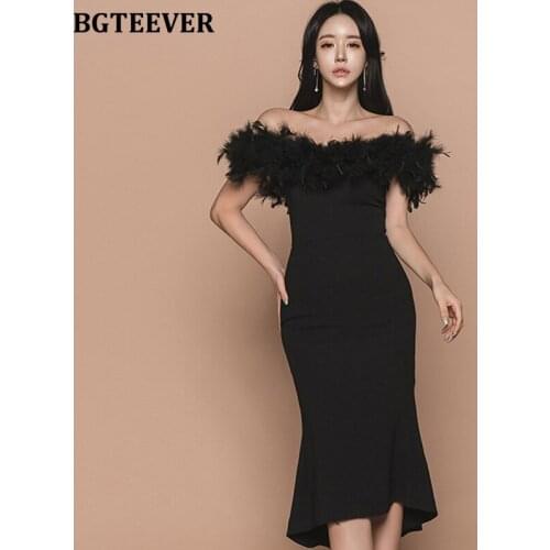 BGTEEVER Ladies Party Dress Vestidos Slash-neck Feather Patchwork Mermaid Dress Women Slim Waist Midi Black Vestidos femme 2020