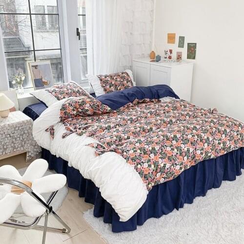 100%Cotton Farmhouse Bedding Vintage Rose Floral Duvet Cover Bedskirt Lovely Ruffle Exquisite Craft 1.6m Bed Skirt Queen Kize