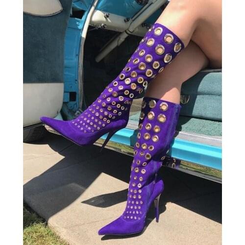 Female Purple Suede Metal Circle Buckle Thin Heels Boots Med-calf Side Zip Fashion Eyelet Pointed Toe Boots
