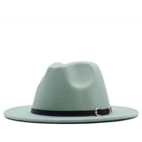 Woolen Women Men Vintage Felt Fedoras Green Belt Wide Brim Top Hat Jazz Caps European American Round Caps Bowler Panama Spring