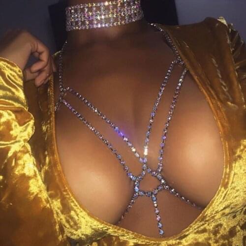 StoneFans Seductive Sexy Crystal Body Necklace Chain Jewelry Statement Bra Rhinestone Chest Chain for Ladies Summer Beach Bikini
