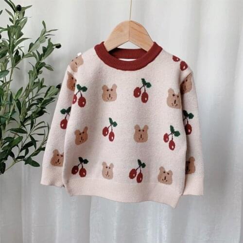 Toddler Girls Sweaters 2020 Winter New Kids Cartoon Pullover Sweater Korean Fashion Bear Cherry Knitted Sweater For Baby Girl