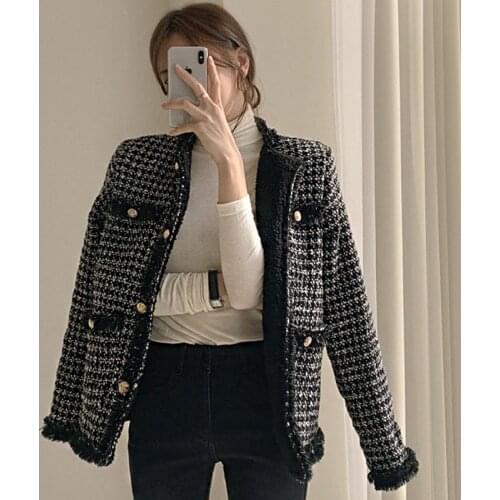 Thick Autumn Winter Clothes Retro Hit Color O Neck Long-sleeved Plaid Tweed Jacket Woolen Veste Femme Chaquetas Jaquetas Mujer
