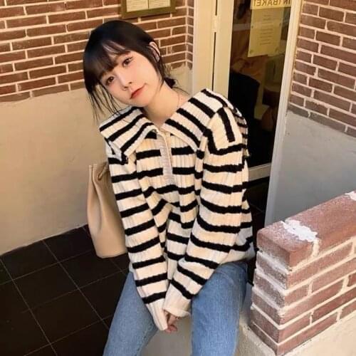 Navy collar striped knitted sweater women 2021 fall/winter new style Korean loose pullover long-sleeved knitted top