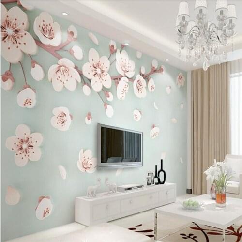 Wellyu 3D Anaglyph Sakura Plum Modern Simple TV Wall Custom Large Mural Green Wallpaper papel de parede para quarto