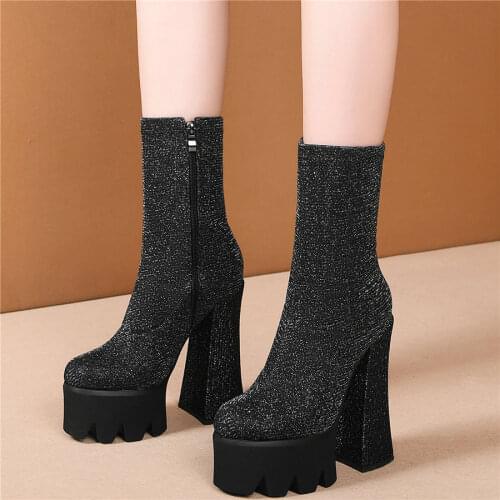2020 Women Stretchy Velvet stocking High Heel Motorcycle Boots Female High Top Round Toe Chunky Platform Pumps Shoe Casual Shoes