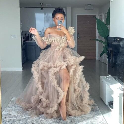 Sheer Full Sleeves A-line Formal Dresses Robe De Soirée De Mariage New Modest Tulle Ruffles Long Evening Dresses 2021