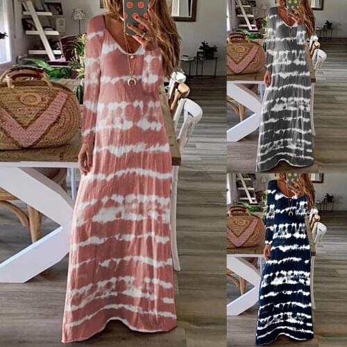 Women Dress Fashion Casual Long Sleeve V Neck Tie Dye Large Hem Loose Beach Full Length Dress Comfortable Long Loose Plus size