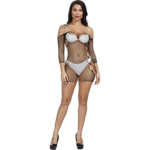 Fashion lady erotic transparent dress 2019 new 8 colors off shoulder half sleeve hollow out mini Fishing net transparent dress