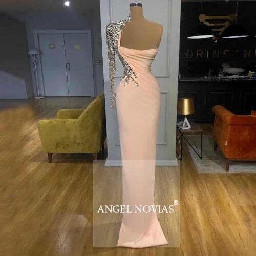 ANGEL NOVIAS Long Sleeves Pencil Straight Skirt Pink Evening Dress 2021 Formal Gowns vestido sirena largo