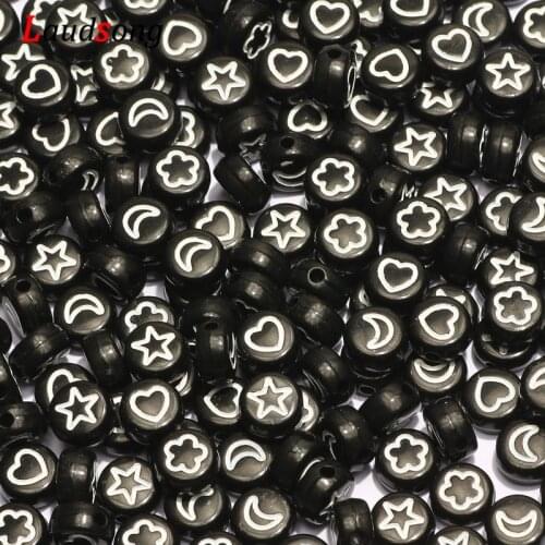 100-500pcs Black Mixed Flower Star Moon Heart Acrylic Beads 4*7mm Round Flat Spacer Letter Beads For Jewelry Making Diy Bracelet