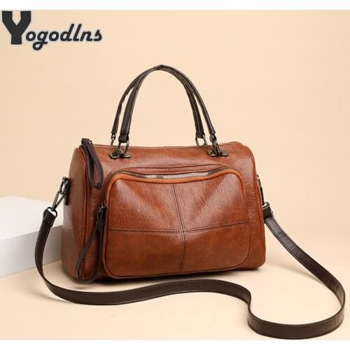 2021 Retro Large Capacity Women Shoulder Bag Soft PU Leather Crossbody Bag Female Casual Boston Designer Messenger Handbag Totes