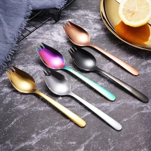 304 Stainless Steel Spoon Fork Integrated Cutlery Household Salad Spoon Fruit Fork Soup Spoon Wholesale Portable Tableware